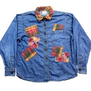 Las Vidas Denim Shirt Plaid‎ Floral Patchwork Button Up Long Sleeve Top S Boho